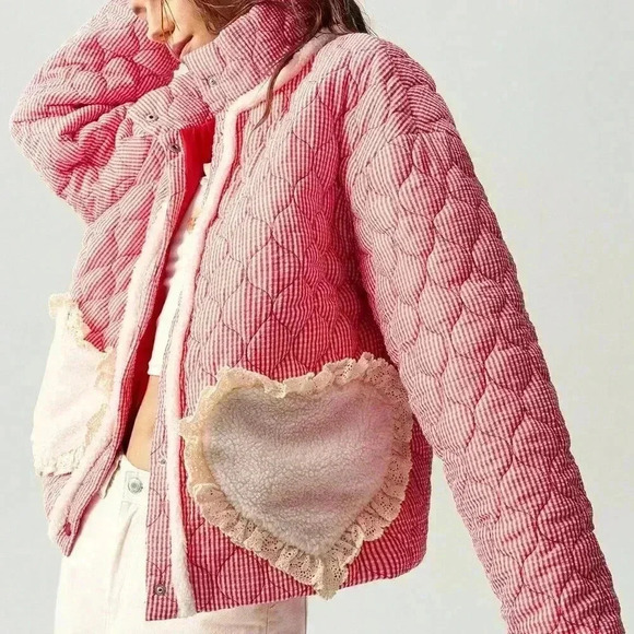 Jackets & Blazers - Red Casual Women's Loose Woven Plaid Heart Decor High Neck Long Sleeve Jacket